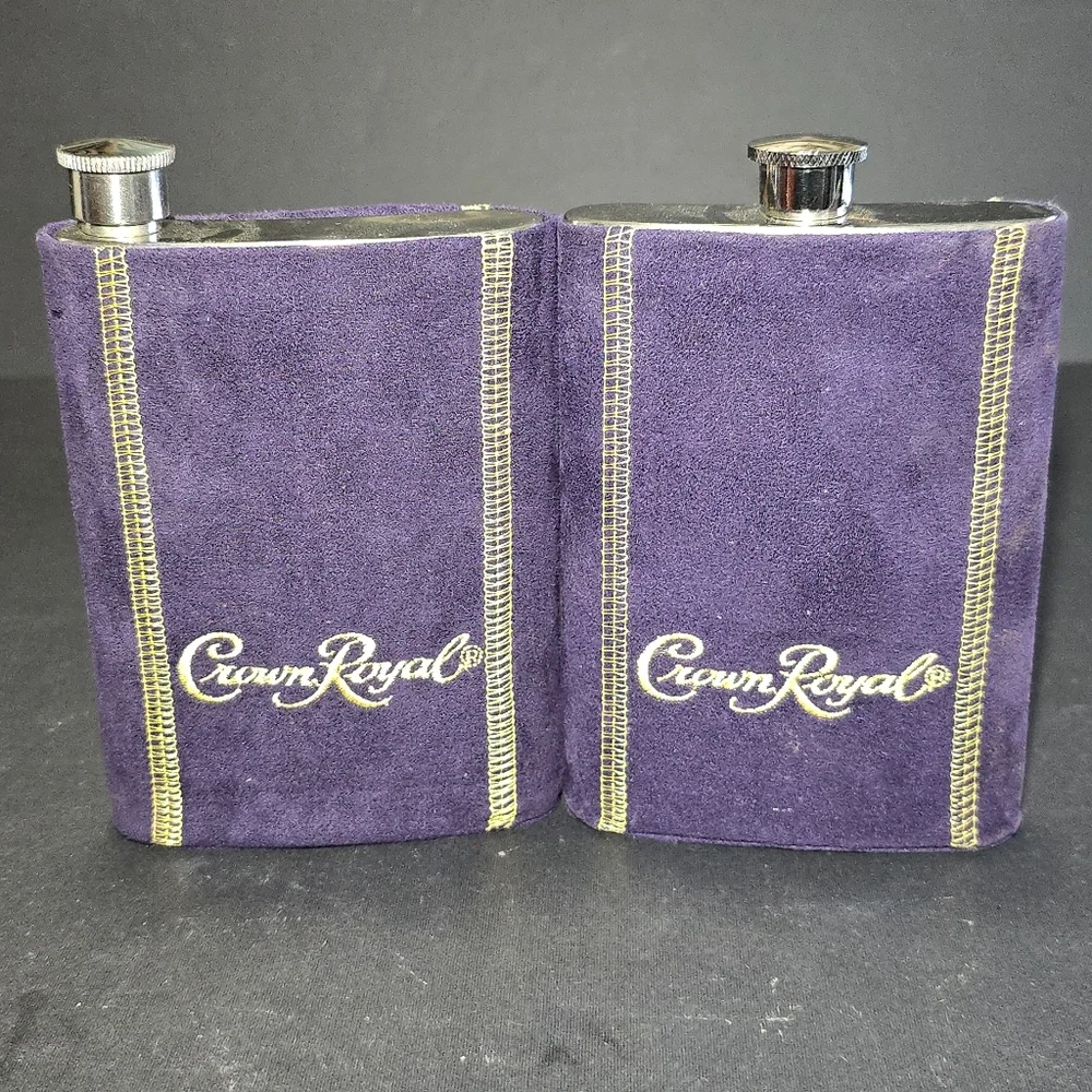Crown Royal Stainless Steel Hip Flask Set Of 5 Purple Suede Leather Barware